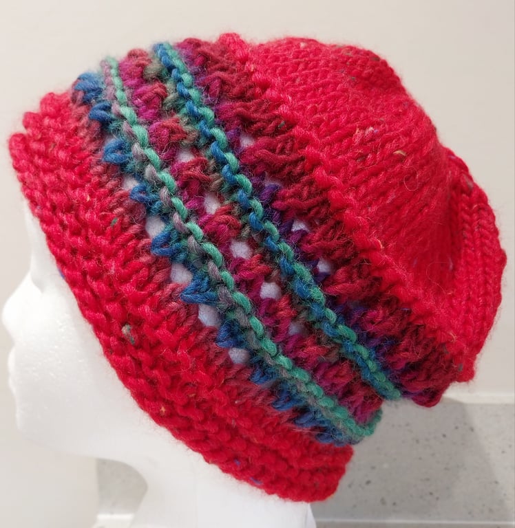 Handknit chunky wool hat col 5 Red Jolly Xmas