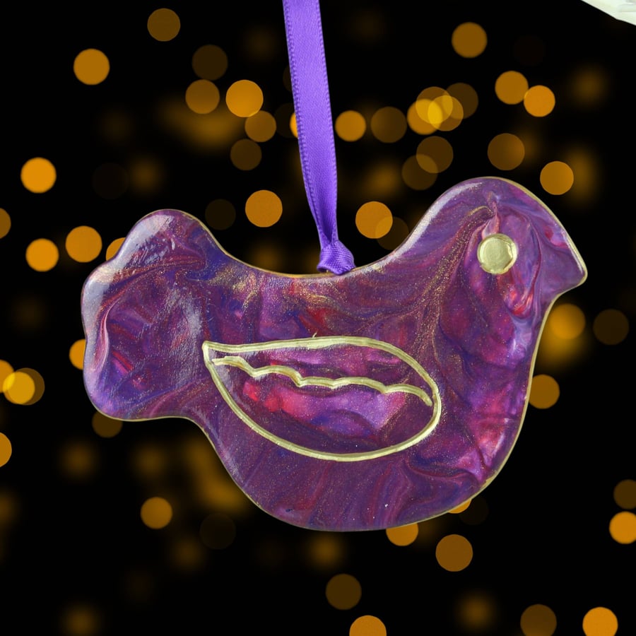Hanging Bird Ceramic Christmas decoration purple gold