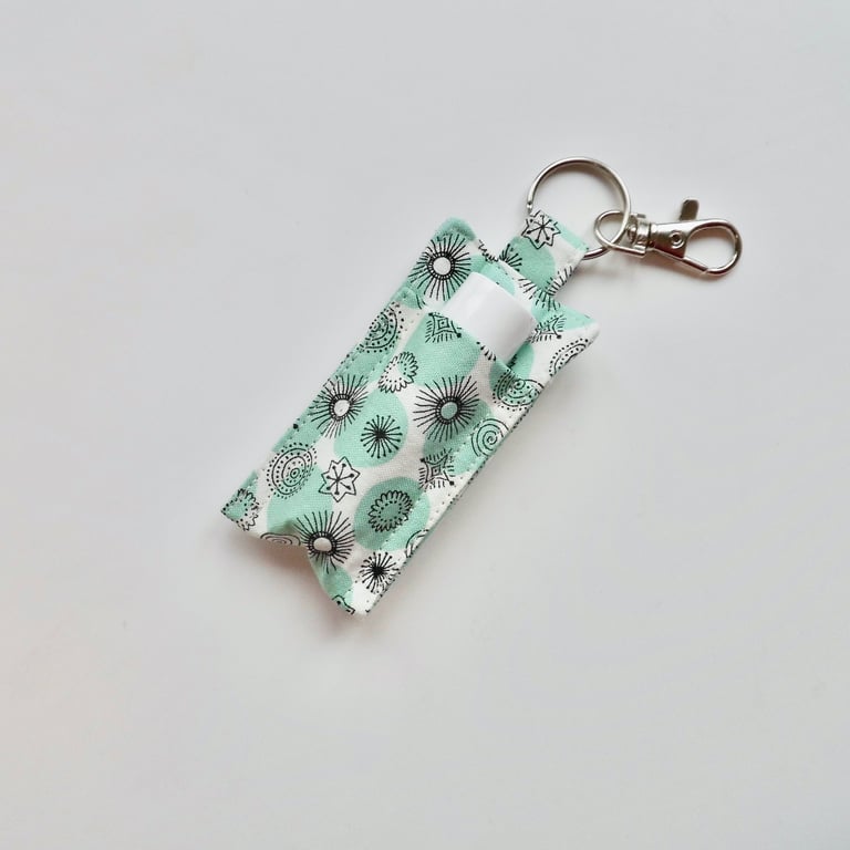 Key ring lip balm holder in aqua and black fabric keyring 