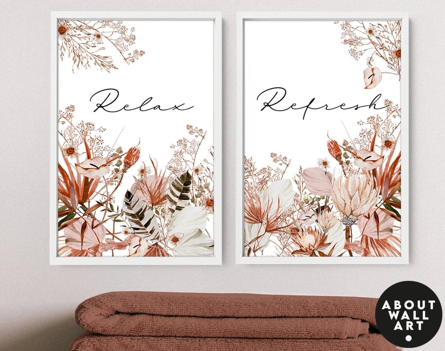 Spa Bathroom Art, Botanical Bathroom, Plant Print Set of 2, Bohemian Decor, Rela