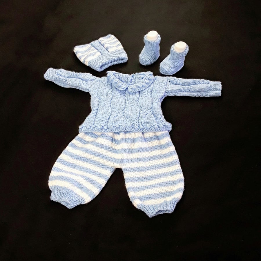 Baby jumper and trousers set hand knitted in blue and white  0 - 3 months  