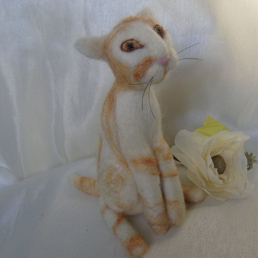 Needle felt ginger cat, collectable animal sculpture, ornament or decoration