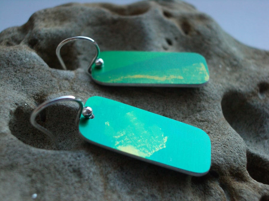 Green and gold rectangular earrings