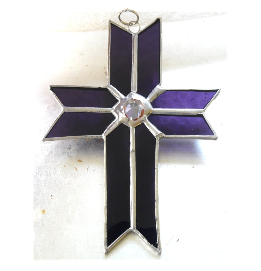 Cross Suncatcher Stained Glass Handmade purple Crystal 050