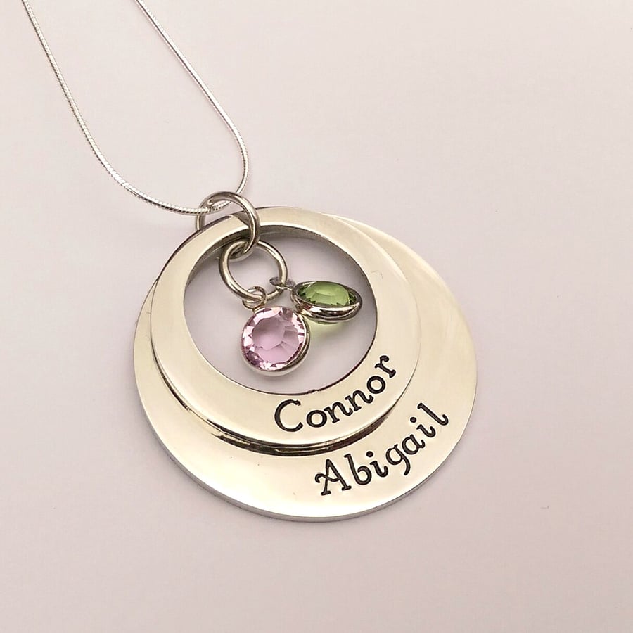 Personalised double offset washer name and birthstone necklace