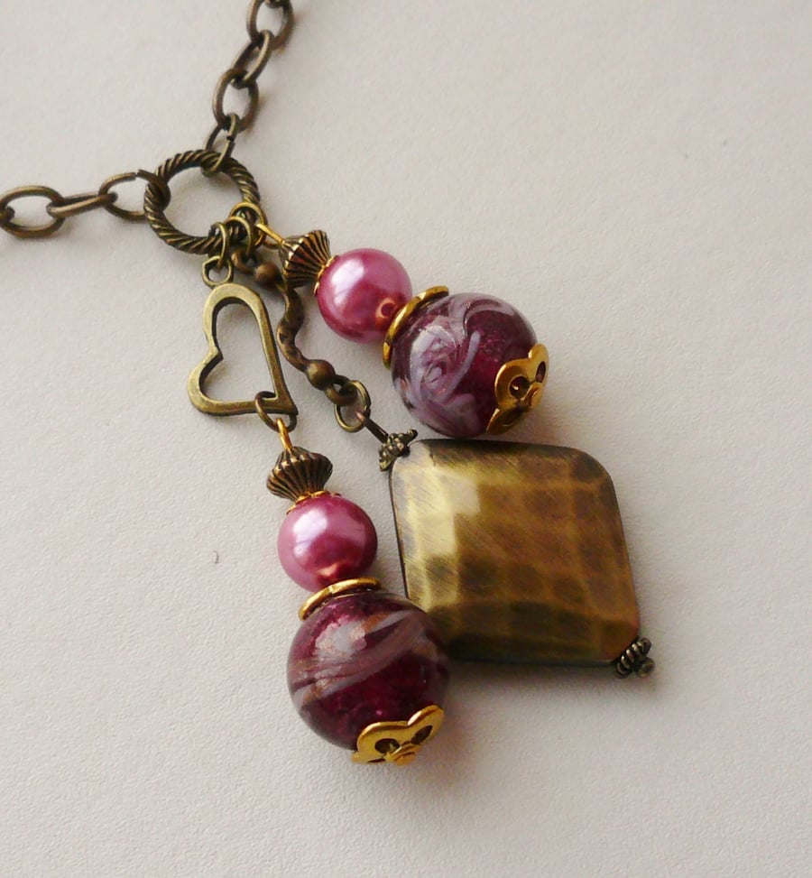 Cluster Necklace Antique Bronze and Pink Glass Bead   KCJ338