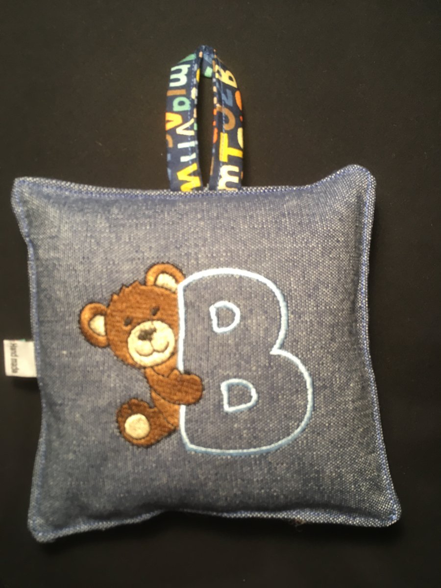 Letter B - Mini monogrammed pocket cushion with embroidered Bear