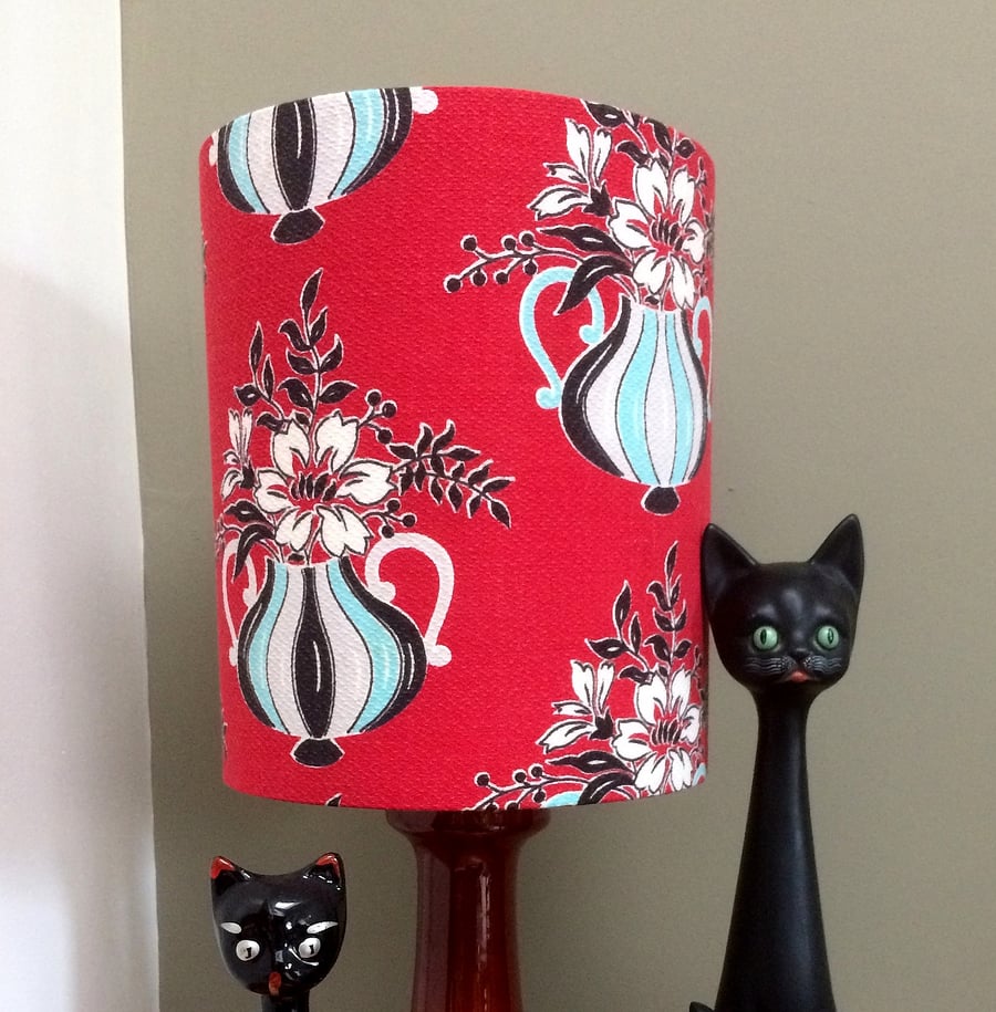 Iconic Mid Century FLower and Vases RED 50s Barkcloth Vintage Fabric Lampshade