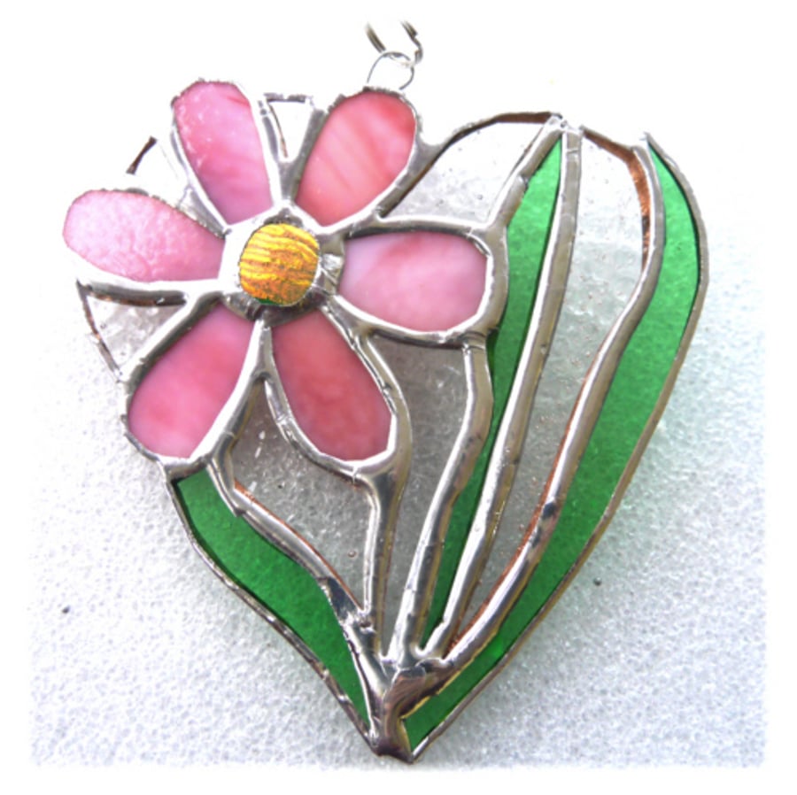 Daisy Heart Suncatcher Stained Glass Flower Pink 015