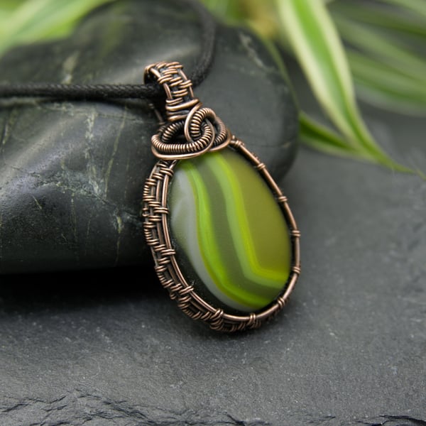 Wire Wrapped Copper Pendant with Handmade Green Glass Pebble - OOAK