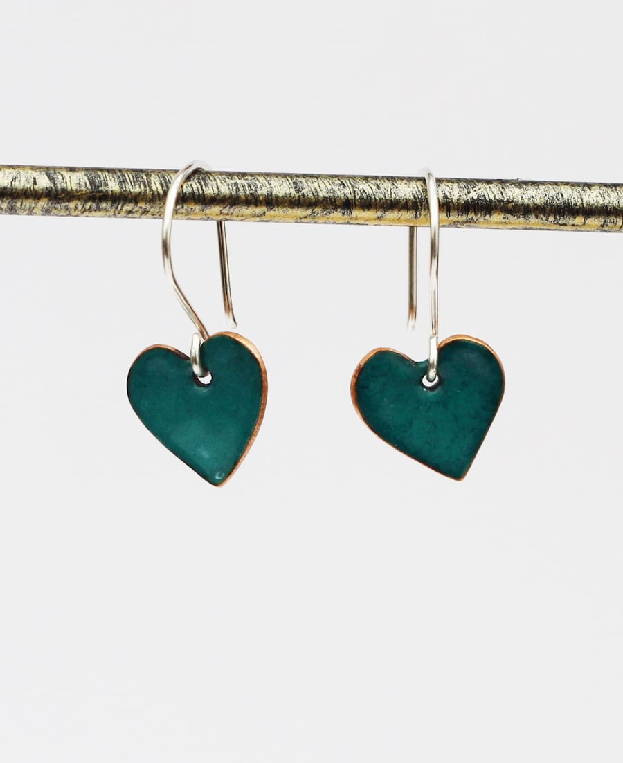 Teal coloured enamel heart earrings