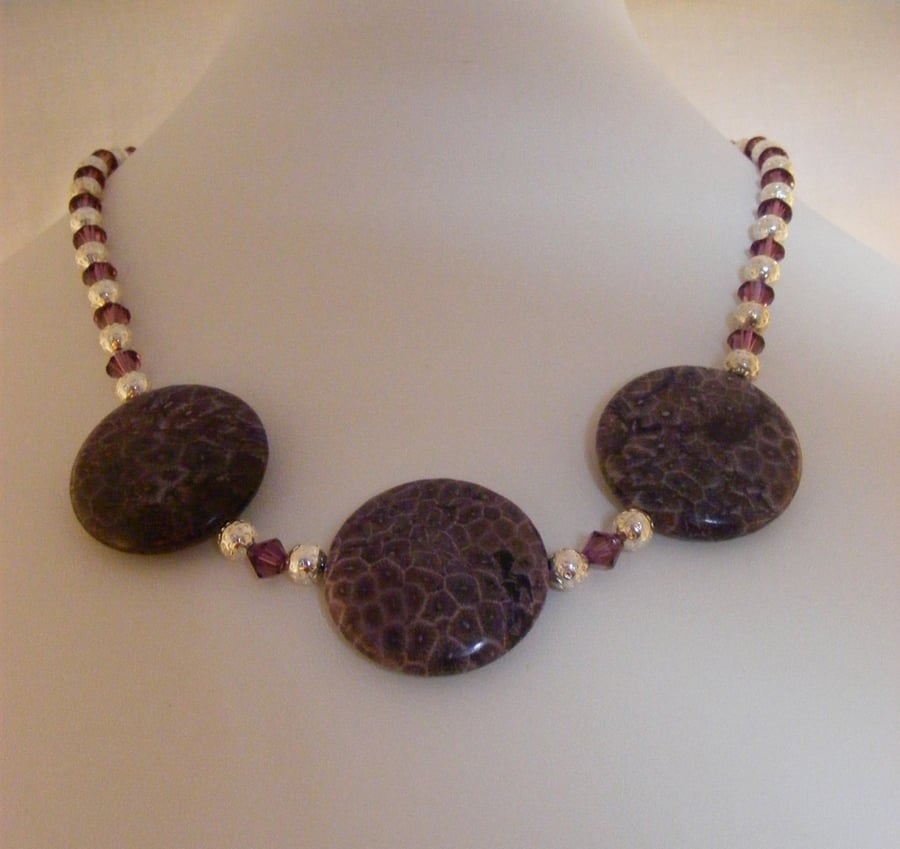 Purple Fossil Jasper and Crystal Necklace.