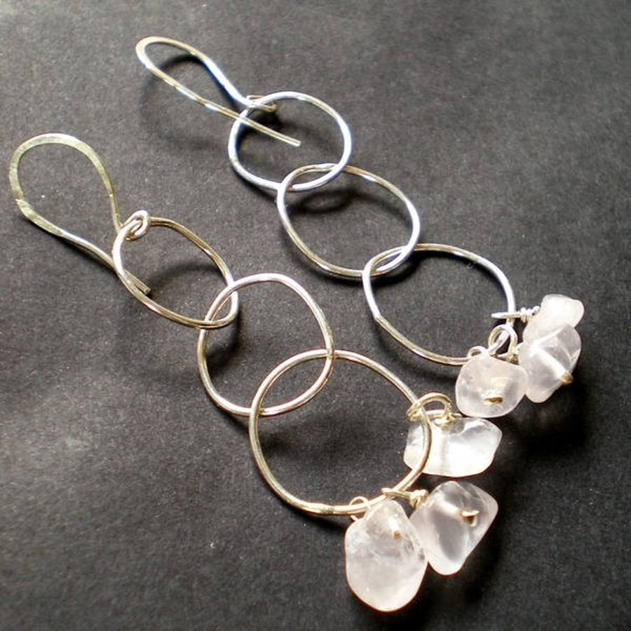 Meli Melo Rose Quartz Earrings and organic handmade sterling silver chain