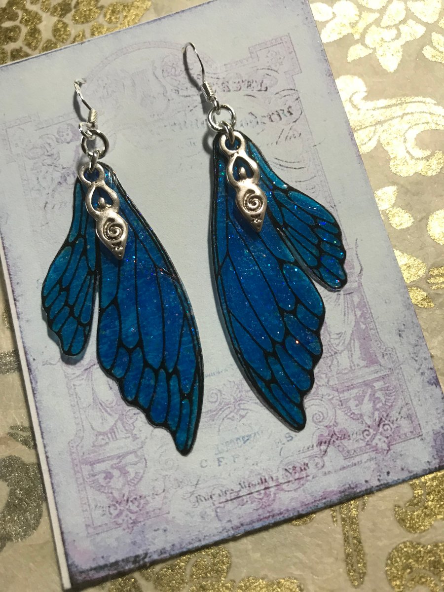 Blue Sparkling Double Fairy Wing Goddess Earrings Sterling Silver