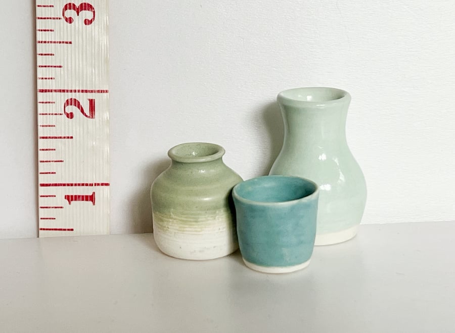 Set of 3 tiny miniature pottery nanopots - pastel blues and greens