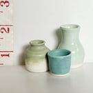 Set of 3 tiny miniature pottery nanopots - pastel blues and greens
