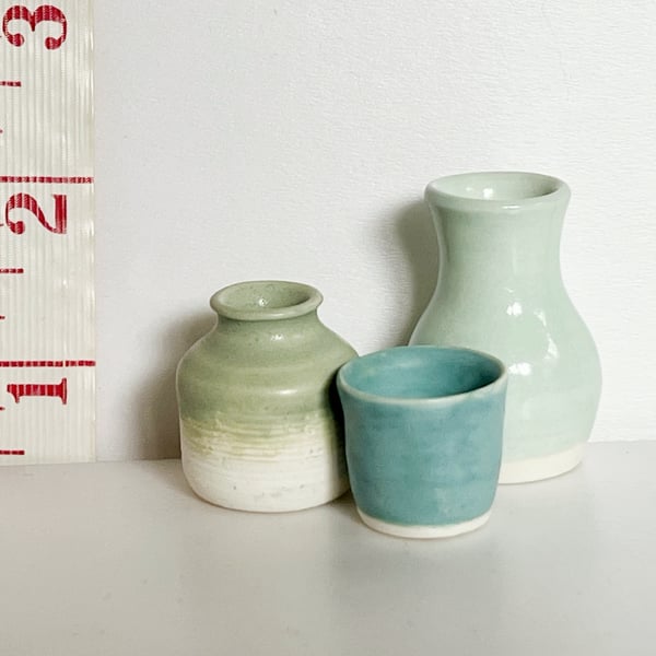 Set of 3 tiny miniature pottery nanopots - pastel blues and greens