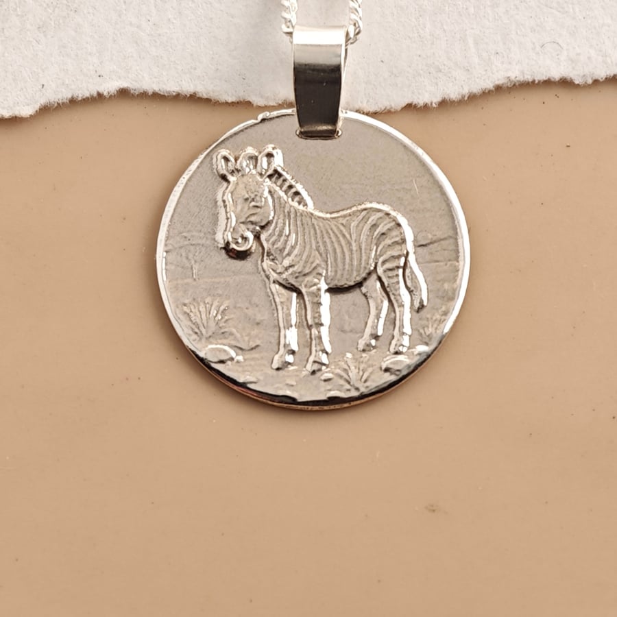 Zebra Engraved Sterling Silver Coin Necklace