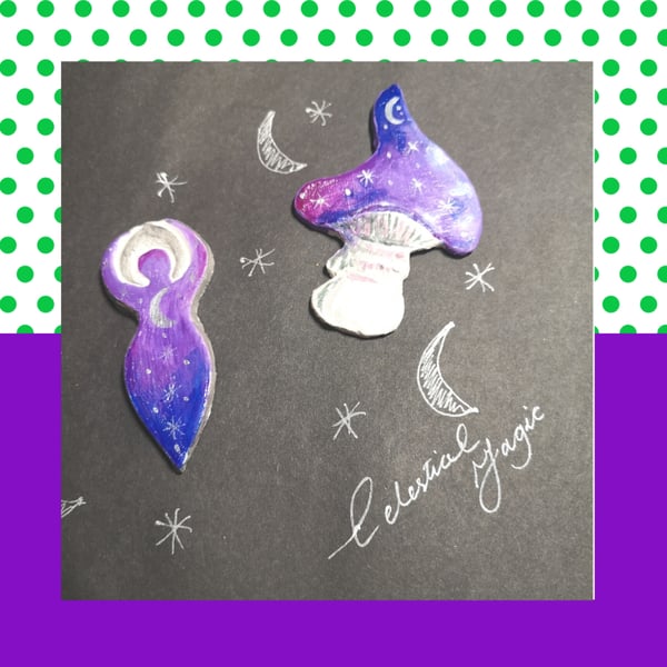 Clay Celestial Magic Mushroom and Goddess Magnets. 