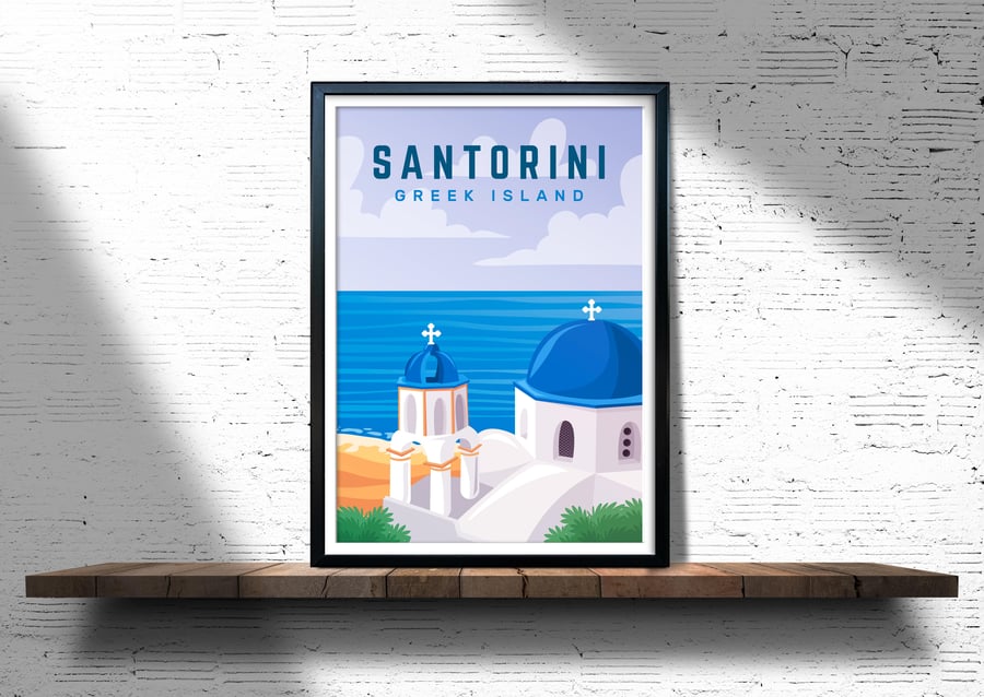 Santorini retro travel poster, Santorini wall print, Greece travel print