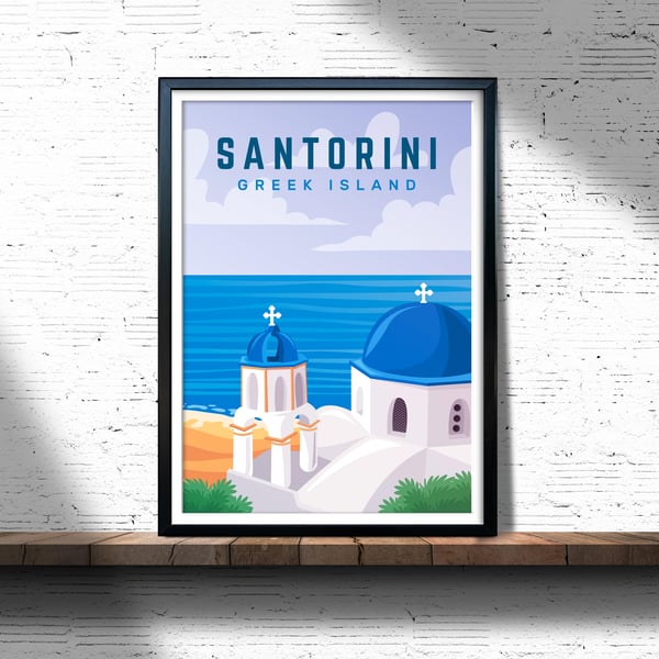 Santorini retro travel poster, Santorini wall print, Greece travel print