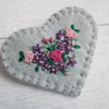 Hand Embroidered Floral Heart Brooch - Silver Grey