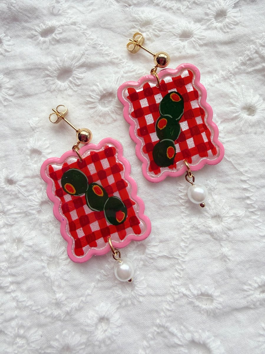 Red Gingham Picnic Olive Earrings