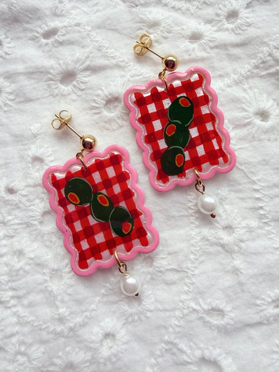 Red Gingham Picnic Olive Earrings