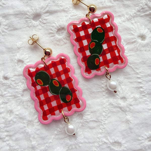 Red Gingham Picnic Olive Earrings