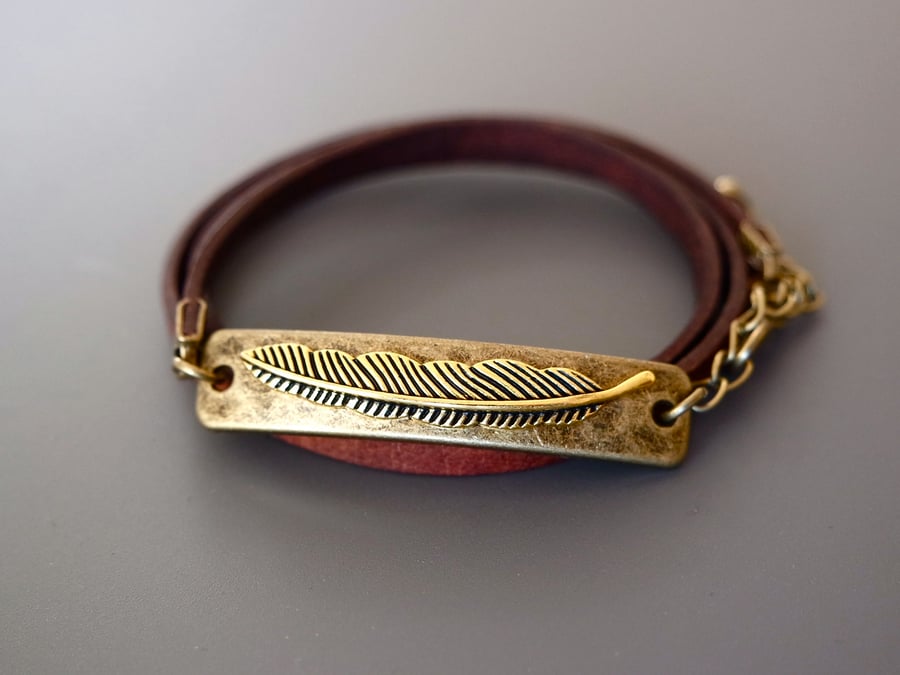 Leather wrap bracelet - feather antique gold bronze plated rectangular