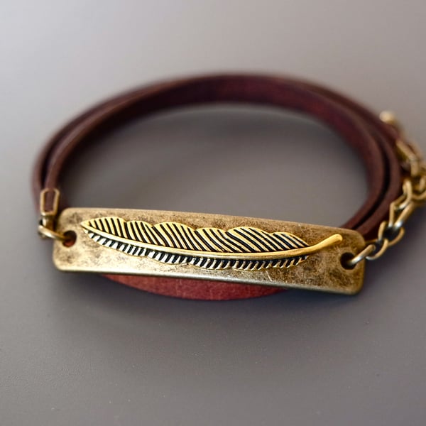 Leather wrap bracelet - feather antique gold bronze plated rectangular