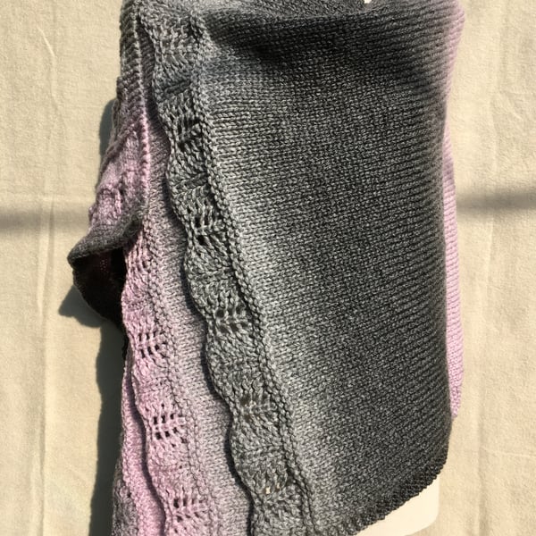 Unique Hand Knitted Lace Shawl in soft pinks and greys
