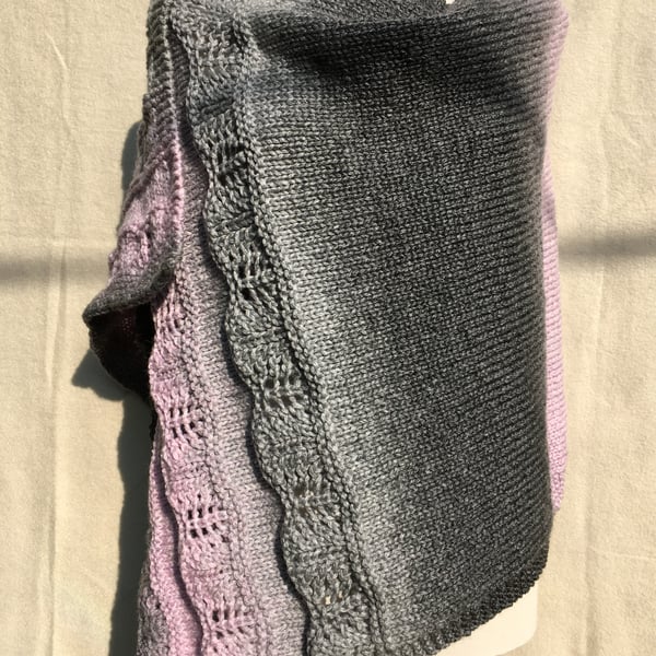 Unique Pink and Grey Hand Knitted Lace Rectangle Shawl Wrap Oversized Scarf