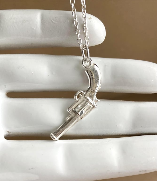 Eco Friendly Recycled Silver Hand Cast Revolver Gun Design, Solid 925 Silver