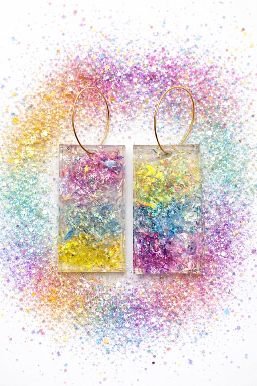 Rectangle Resin Glitter Earrings – Purple Blue Yellow Statement Dangle Earrings