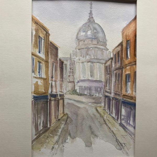 Watercolour art of St Pauls cathedral, London. Landscape of southern England 