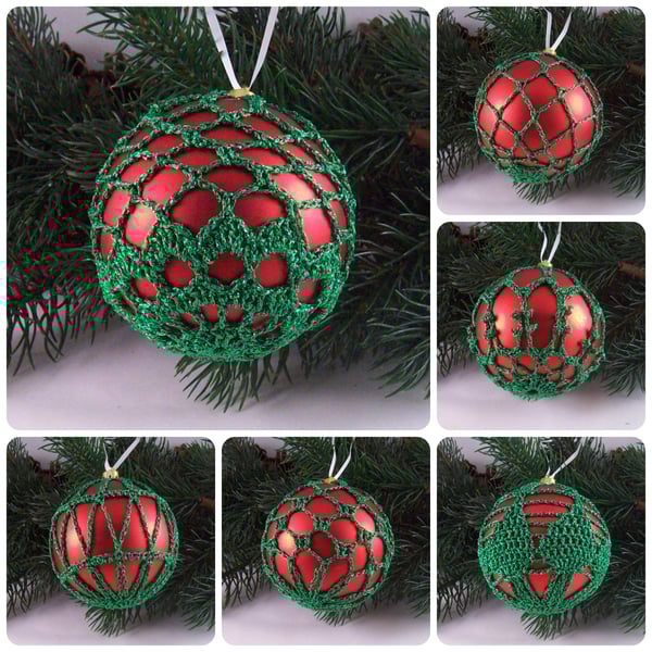 Christmas baubles boxed set of 6 large decorated with crochet lace (A37)