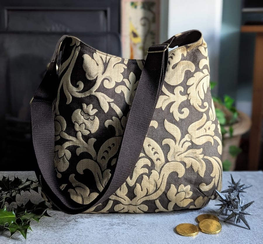 Cross Body Brown and Gold Damask Silk Satin Lined Hobo Bag
