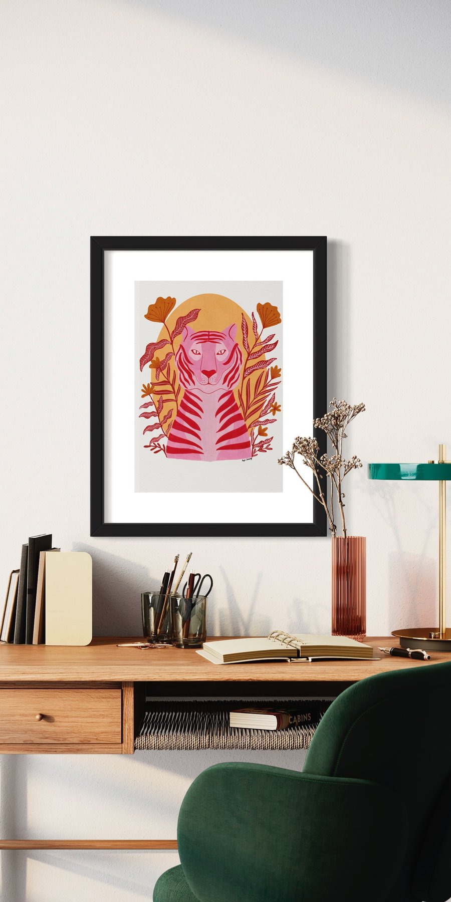 Tiger in the garden in Orange and Pink - Illustrated Art Print 