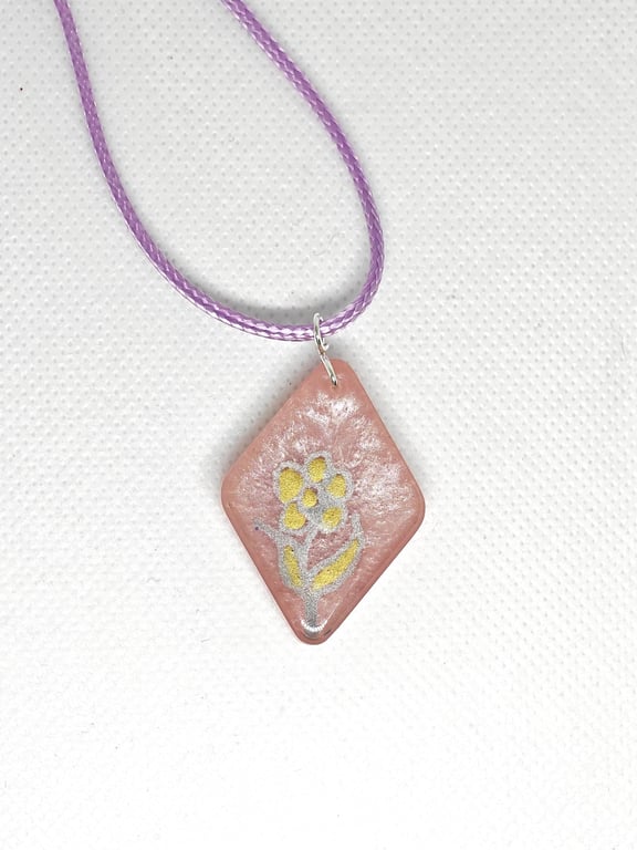 Hand-Painted Flower Resin Necklace: Pink & Gold Floral Pendant, Lilac Cord