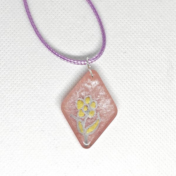 Hand-Painted Flower Resin Necklace: Pink & Gold Floral Pendant, Lilac Cord