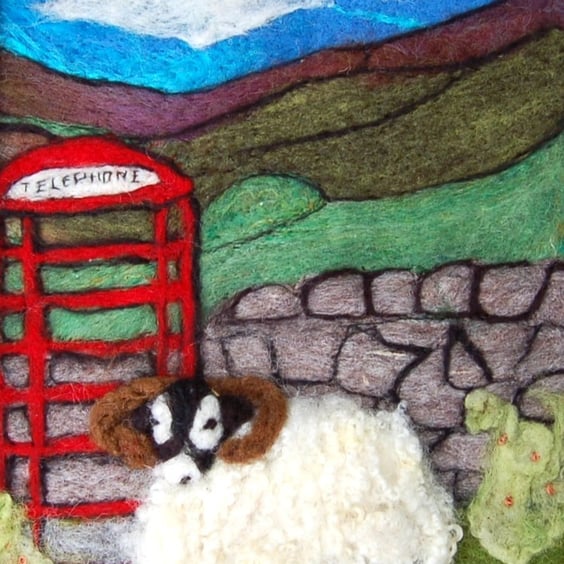 Yorkshire Dales Scene - Red Telephone Box and Sheep Needle felt picture