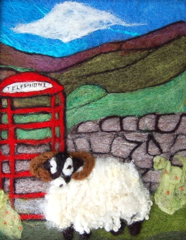 Yorkshire Dales Scene - Red Telephone Box and Sheep Needle felt picture