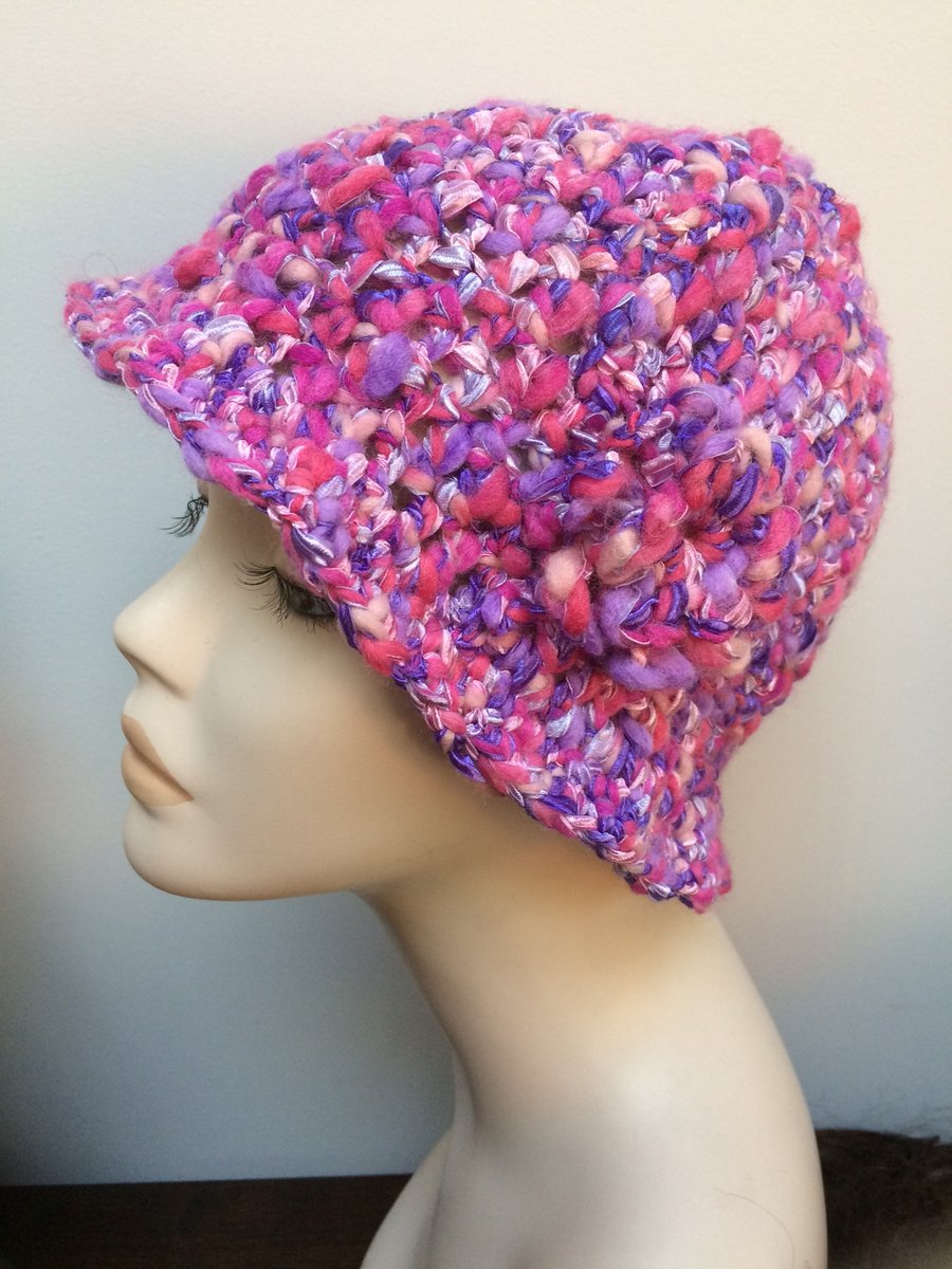 Hand Crocheted 1920s Ladies Girls Flapper Hat Beanie Purple Pink Ribbon