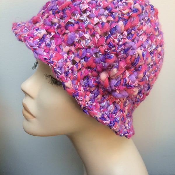 Hand Crocheted 1920s Ladies Girls Flapper Hat Beanie Purple Pink Ribbon