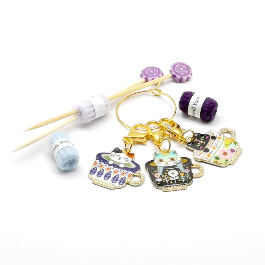Teacup Cat Stitch Markers - Set of 3