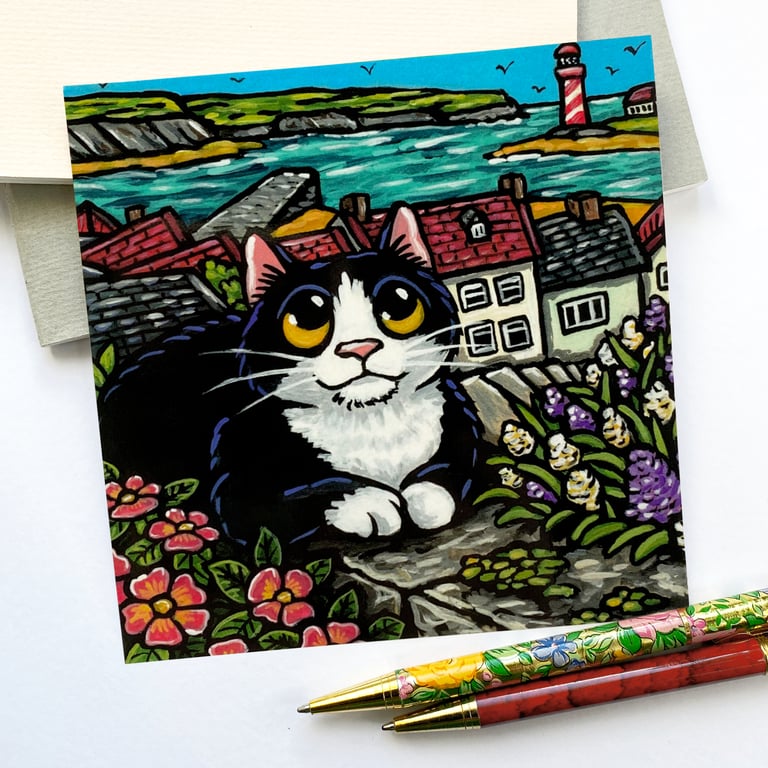 Cat & Coastal Landscape Postcard - Coastal Whitby-Inspired Feline Art