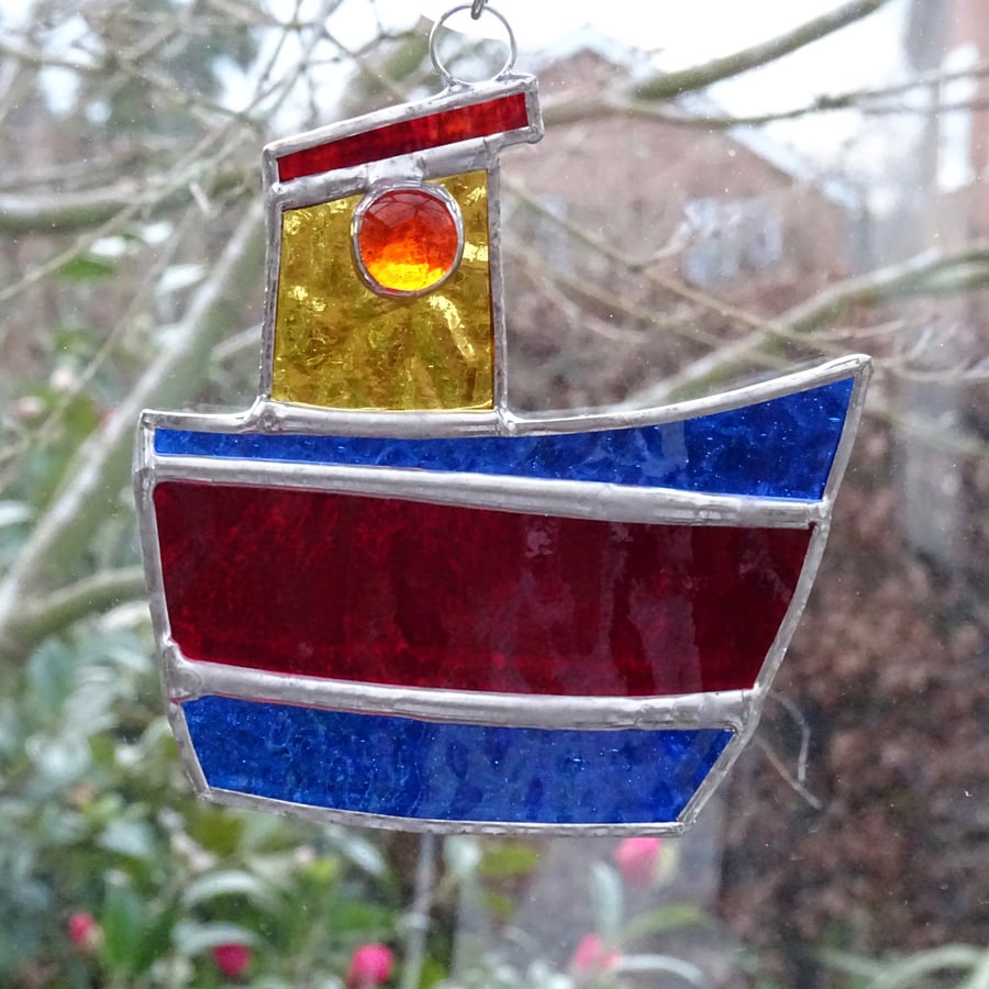 Stained Glass Tug Boat Suncatcher - Handmade Decoration - Red and Blue