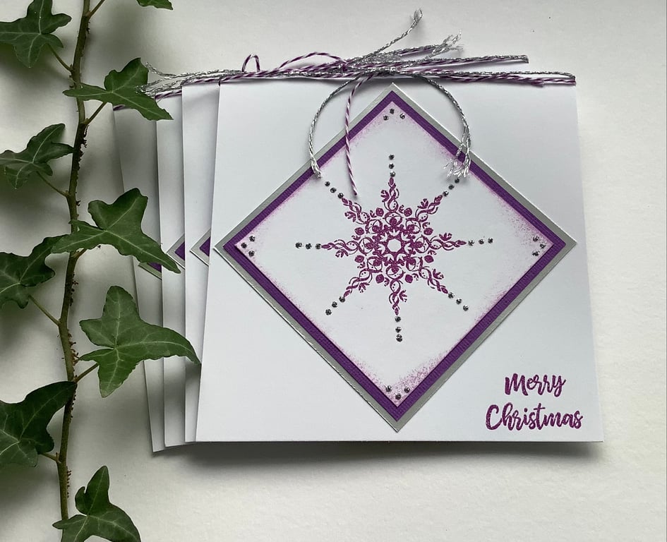 CHRISTMAS  CARDS ( pack of 4 )  Snowflake . Purple , silver. Scandi style.