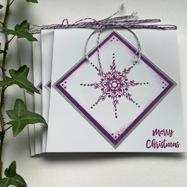 CHRISTMAS  CARDS ( pack of 4 )  Snowflake . Purple , silver. Scandi style.